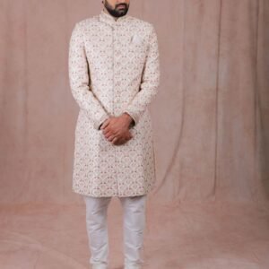 Crimson and Ivory Embroidered Sherwani