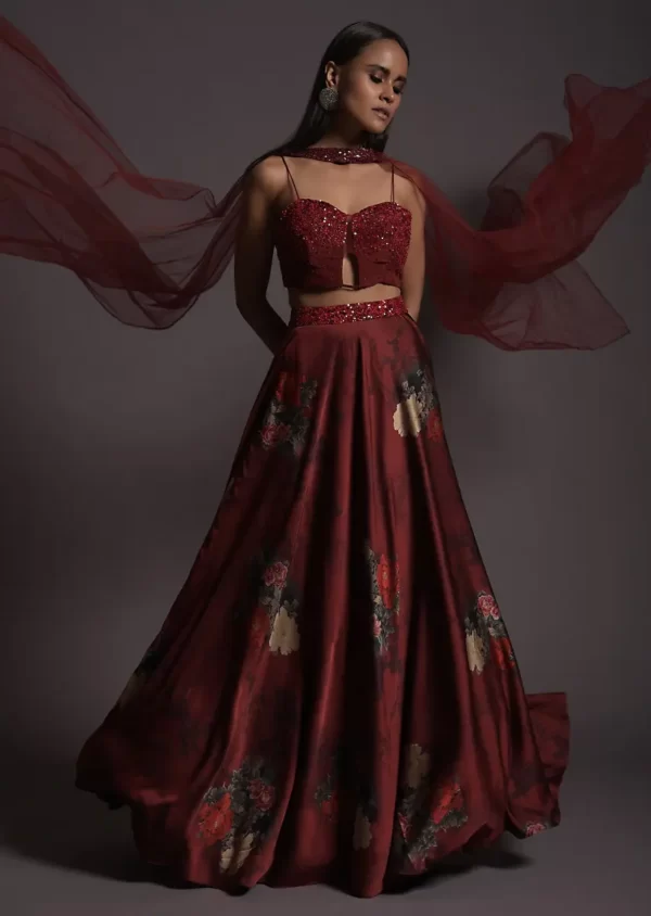 burgundy-floral-printed-skirt-and-sequin