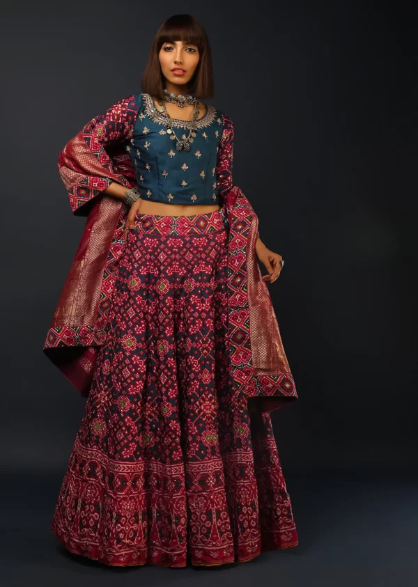 deep_blue_lehenga_in_silk_with_maroon_patola_print