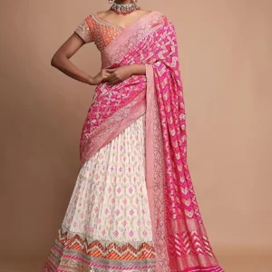Off White Lehenga With Bandhani Print, Weaved Design And Heavy Gotta Work Border